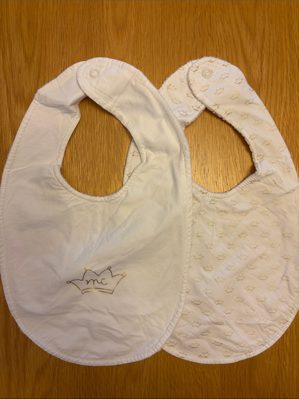 2 Princess Marie-Chantal Baby Bibs, White&Gold Crown, perfect for MC initials!